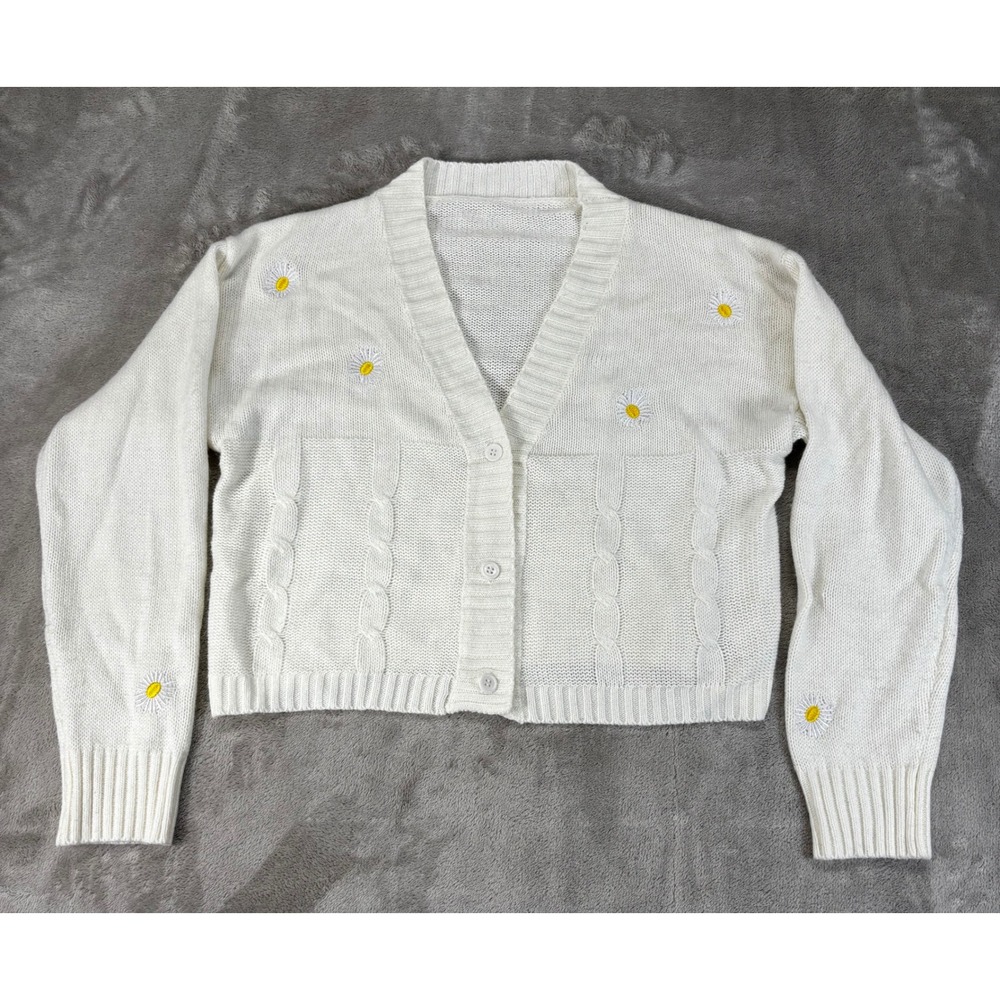 SHEIN Daisy Embroidered Cardigan Womens Medium White Excellent Cropped‎ Knit